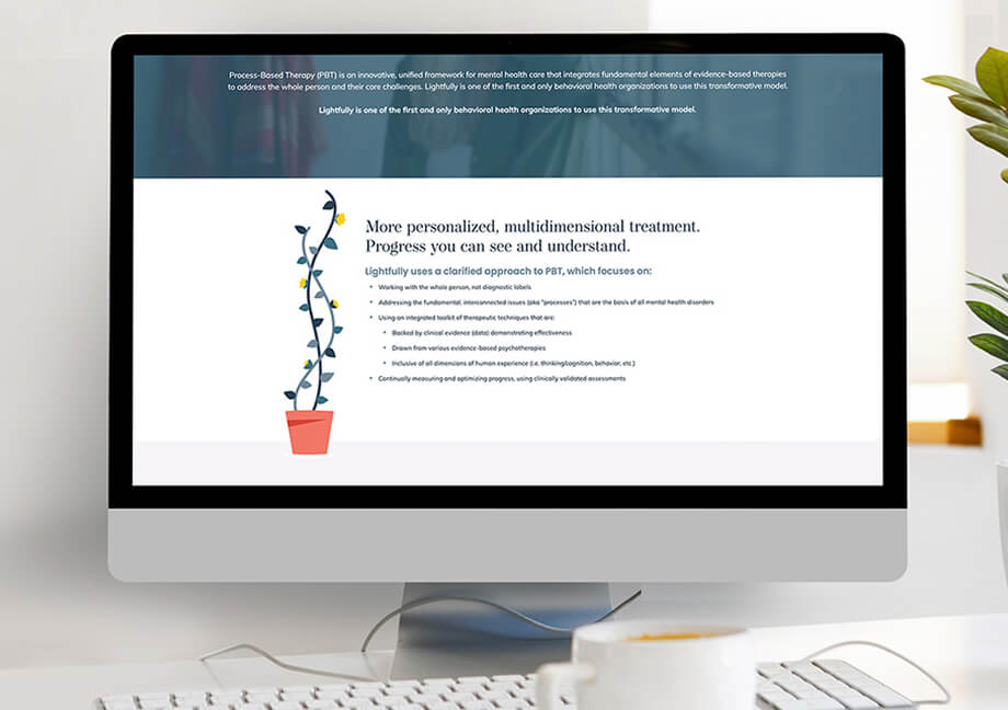 Desktop with website onscreen showing Martha Chang’s brand messaging for Lightfully Behavioral Health