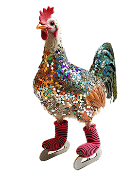 Toy chicken wearing roller skates, symbolizing an ad agency producer or creative looking for an expert voice talent