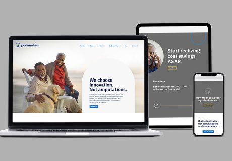 Podi Website – Laptop & Tablet@2x Comprehensive branding and breakthrough messaging for a Class 1 medical device from Podimetrics. shown in new website design on laptop, iPad and mobile phone.